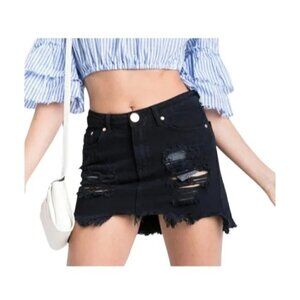 Signature8 Black Distressed Cut Off Denim Mini Skirt Womens Size Medium Pockets